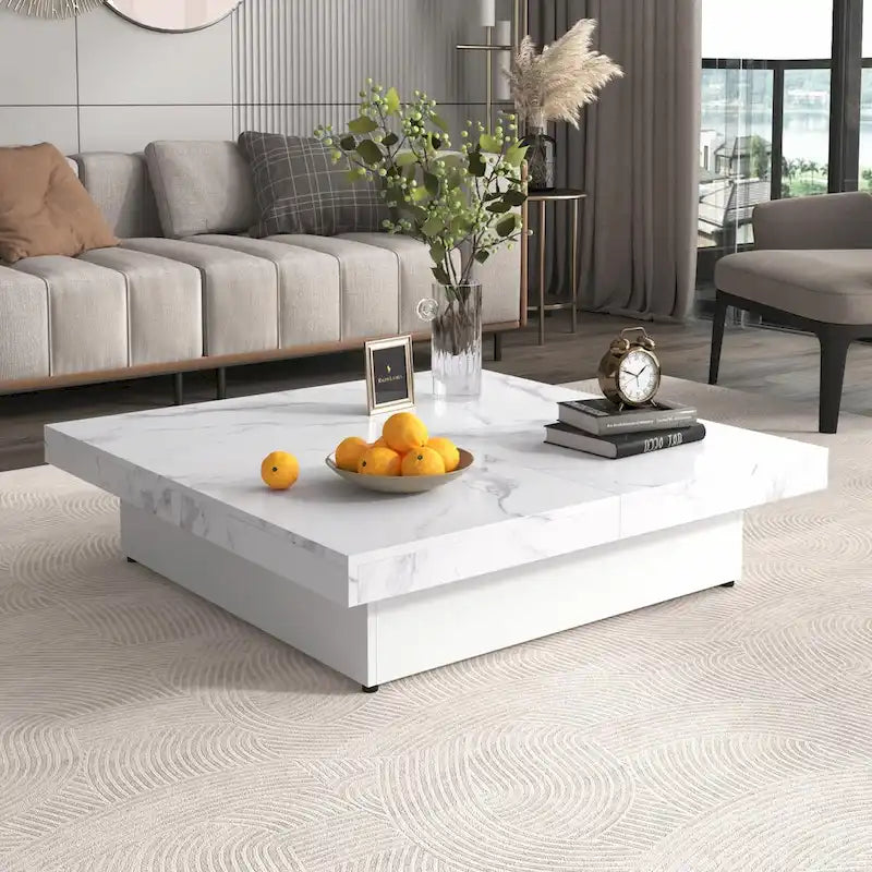 39.4  Square Marble Veneer Coffee Table with Sliding Top Storage