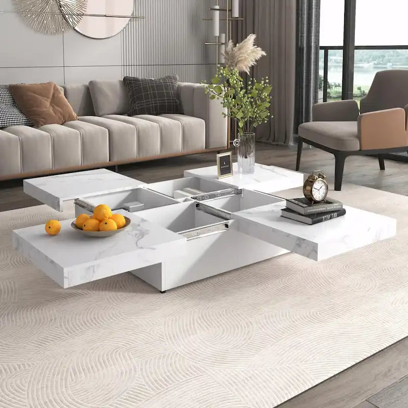 39.4  Square Marble Veneer Coffee Table with Sliding Top Storage
