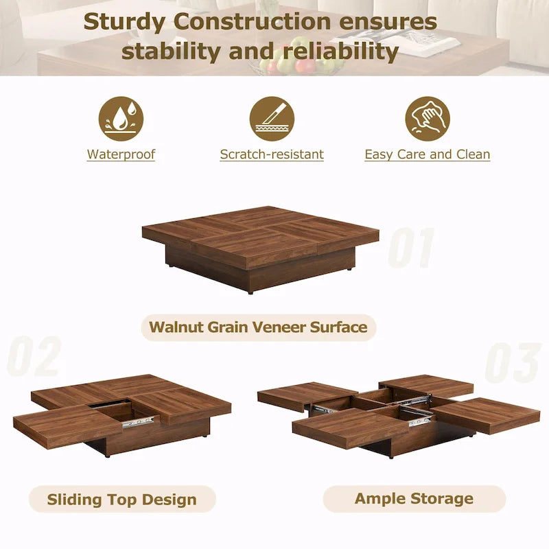 39.4  Square Marble Veneer Coffee Table with Sliding Top Storage