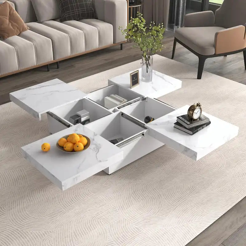 39.4  Square Marble Veneer Coffee Table with Sliding Top Storage