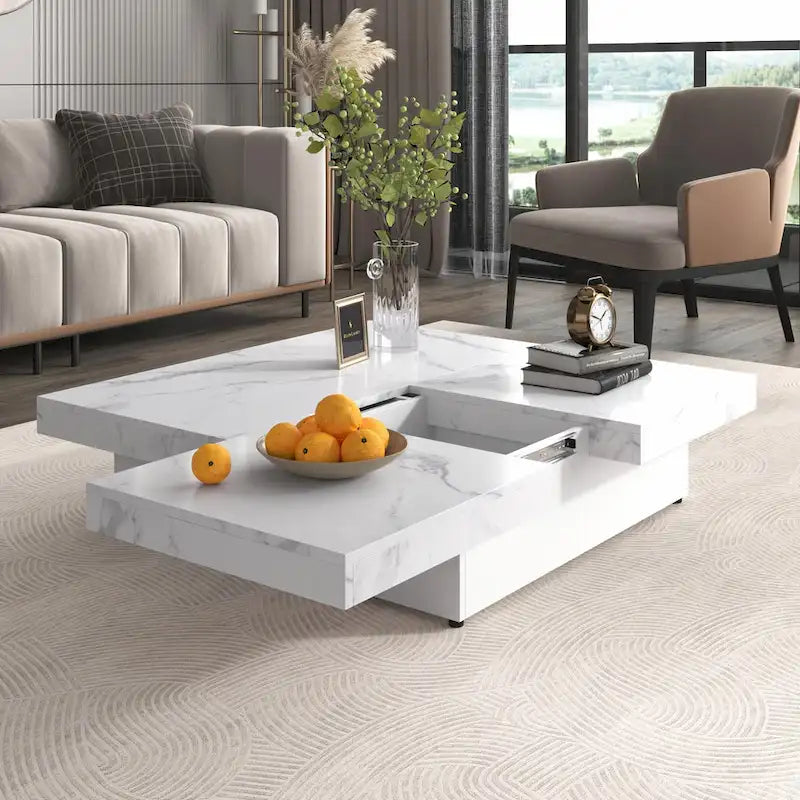 39.4  Square Marble Veneer Coffee Table with Sliding Top Storage