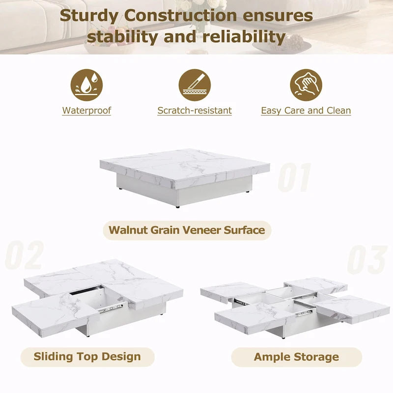 39.4  Square Marble Veneer Coffee Table with Sliding Top Storage