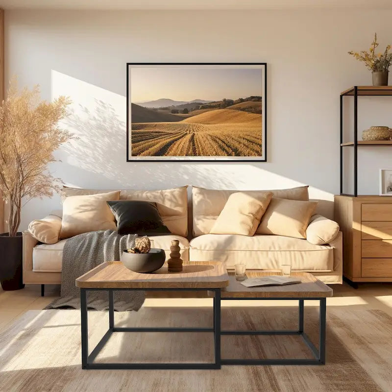 Walnut & Black Square Nesting Coffee Tables - 2 Piece Set