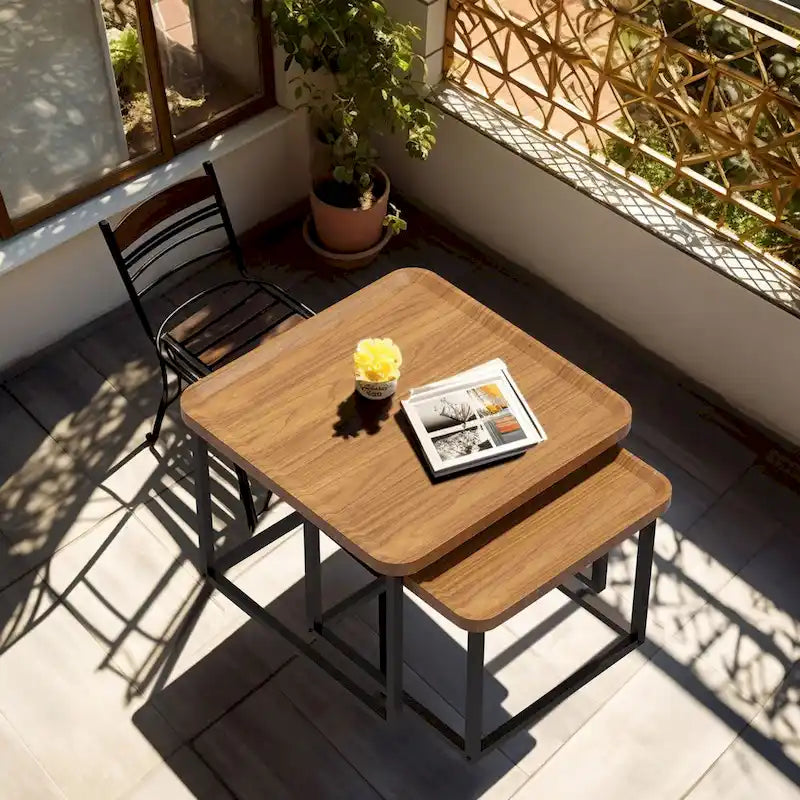 Walnut & Black Square Nesting Coffee Tables - 2 Piece Set