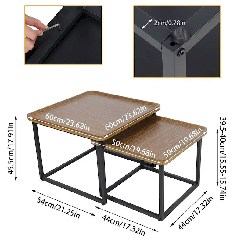 Walnut & Black Square Nesting Coffee Tables - 2 Piece Set