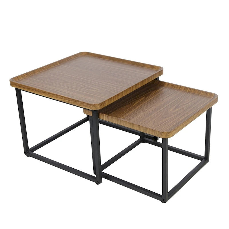 Walnut & Black Square Nesting Coffee Tables - 2 Piece Set