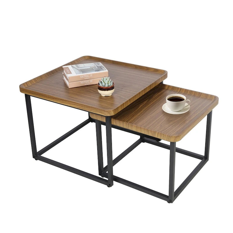 Walnut & Black Square Nesting Coffee Tables - 2 Piece Set