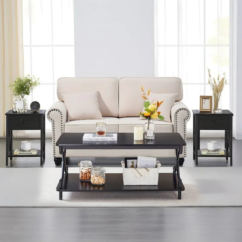 Javlergo Modern 3 Piece Coffee Table Set for Living Room Includes Wood Coffee Table and End Table Set of 2