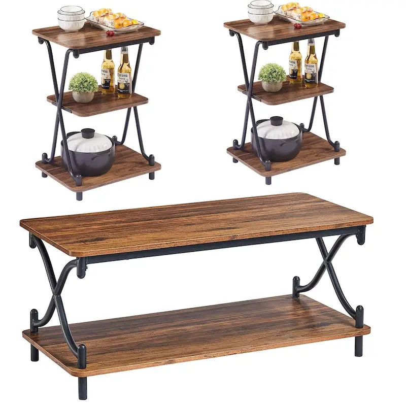 Javlergo Modern 3 Piece Coffee Table Set for Living Room Includes Wood Coffee Table and End Table Set of 2