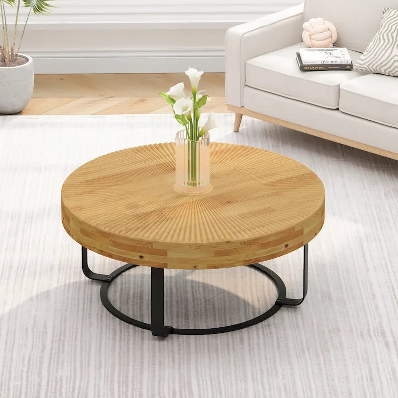 Modern Round Coffee Table Wooden Carving Pattern Coffee Table with Metal Legs