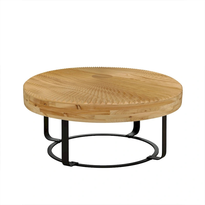 Modern Round Coffee Table Wooden Carving Pattern Coffee Table with Metal Legs