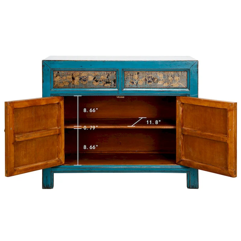 Artissance Floral Cabinet Antique Indigo With two Drawers 38X16X33H - 16 L x 38.5 W x 33 H