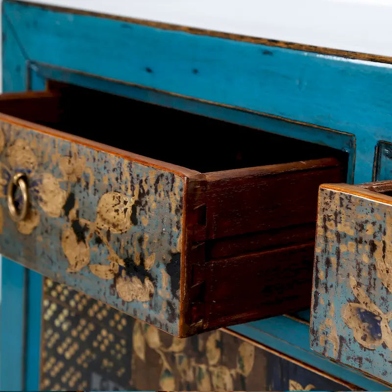 Artissance Floral Cabinet Antique Indigo With two Drawers 38X16X33H - 16 L x 38.5 W x 33 H