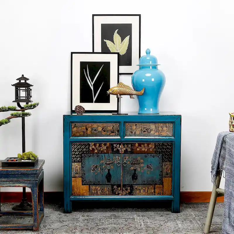 Artissance Floral Cabinet Antique Indigo With two Drawers 38X16X33H - 16 L x 38.5 W x 33 H