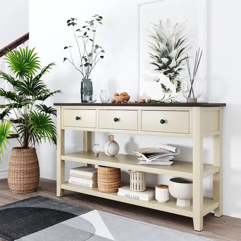 Pine Solid Wood Console Table with Two Open Shelves