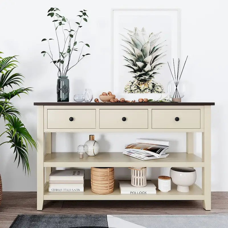 Pine Solid Wood Console Table with Two Open Shelves