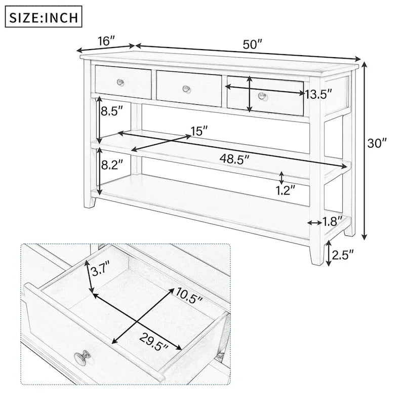 Pine Solid Wood Console Table with Two Open Shelves