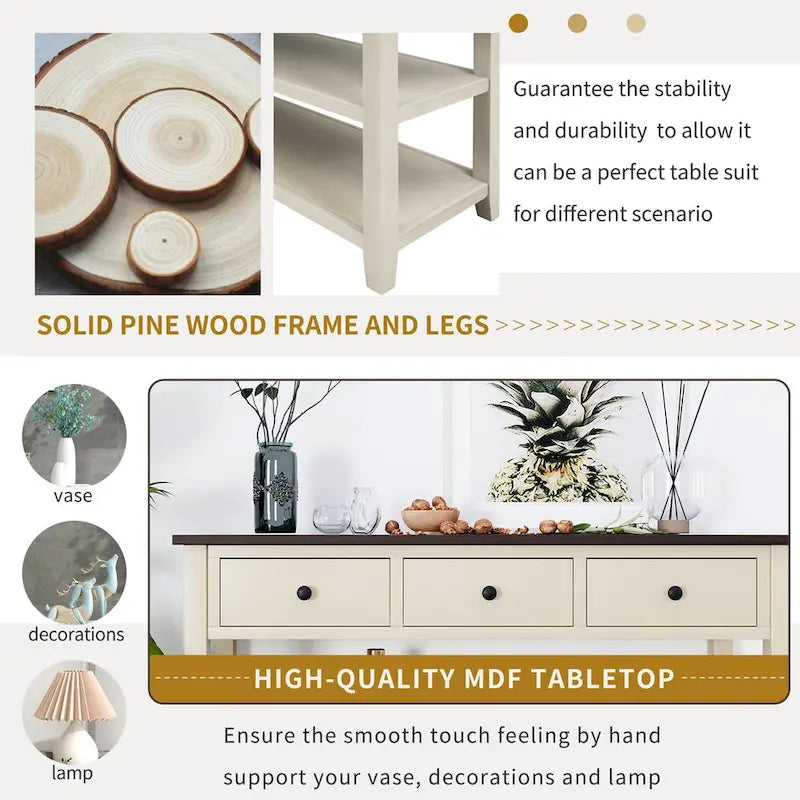 Pine Solid Wood Console Table with Two Open Shelves