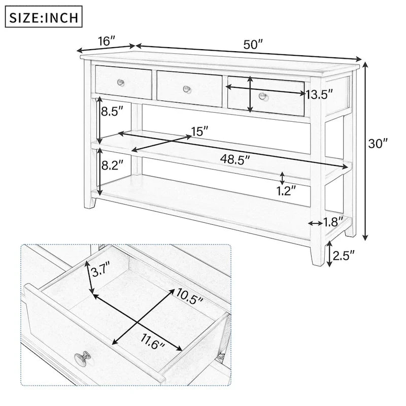 Pine Solid Wood Console Table with Two Open Shelves