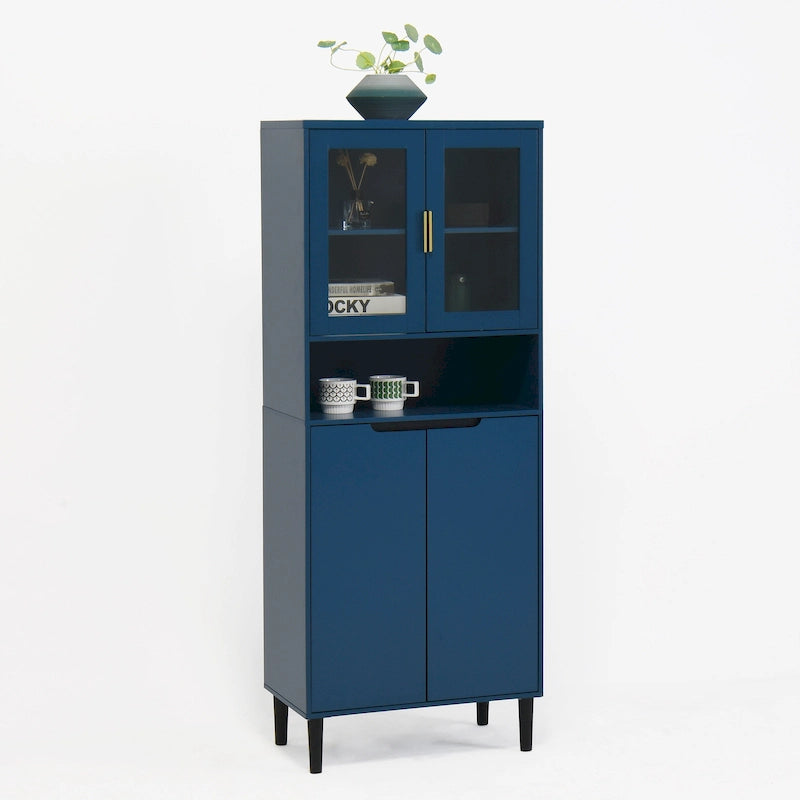 Tall Storage Show Cabinet with 2 Glass Display Door & 2 Doors, Tall Kitchen Pantry Cabinet with Gold Handles