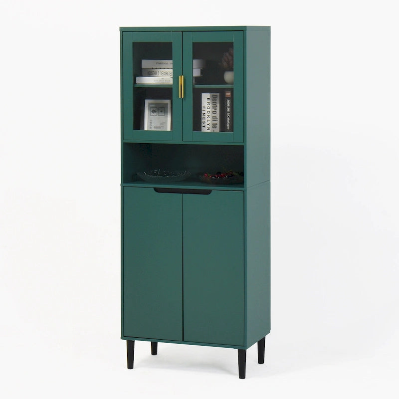 Tall Storage Show Cabinet with 2 Glass Display Door & 2 Doors, Tall Kitchen Pantry Cabinet with Gold Handles
