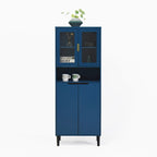 Tall Storage Show Cabinet with 2 Glass Display Door & 2 Doors, Tall Kitchen Pantry Cabinet with Gold Handles
