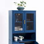 Tall Storage Show Cabinet with 2 Glass Display Door & 2 Doors, Tall Kitchen Pantry Cabinet with Gold Handles