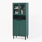Tall Storage Show Cabinet with 2 Glass Display Door & 2 Doors, Tall Kitchen Pantry Cabinet with Gold Handles