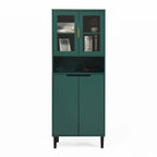 Tall Storage Show Cabinet with 2 Glass Display Door & 2 Doors, Tall Kitchen Pantry Cabinet with Gold Handles