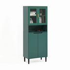 Tall Storage Show Cabinet with 2 Glass Display Door & 2 Doors, Tall Kitchen Pantry Cabinet with Gold Handles