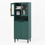 Tall Storage Show Cabinet with 2 Glass Display Door & 2 Doors, Tall Kitchen Pantry Cabinet with Gold Handles