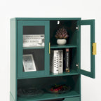 Tall Storage Show Cabinet with 2 Glass Display Door & 2 Doors, Tall Kitchen Pantry Cabinet with Gold Handles