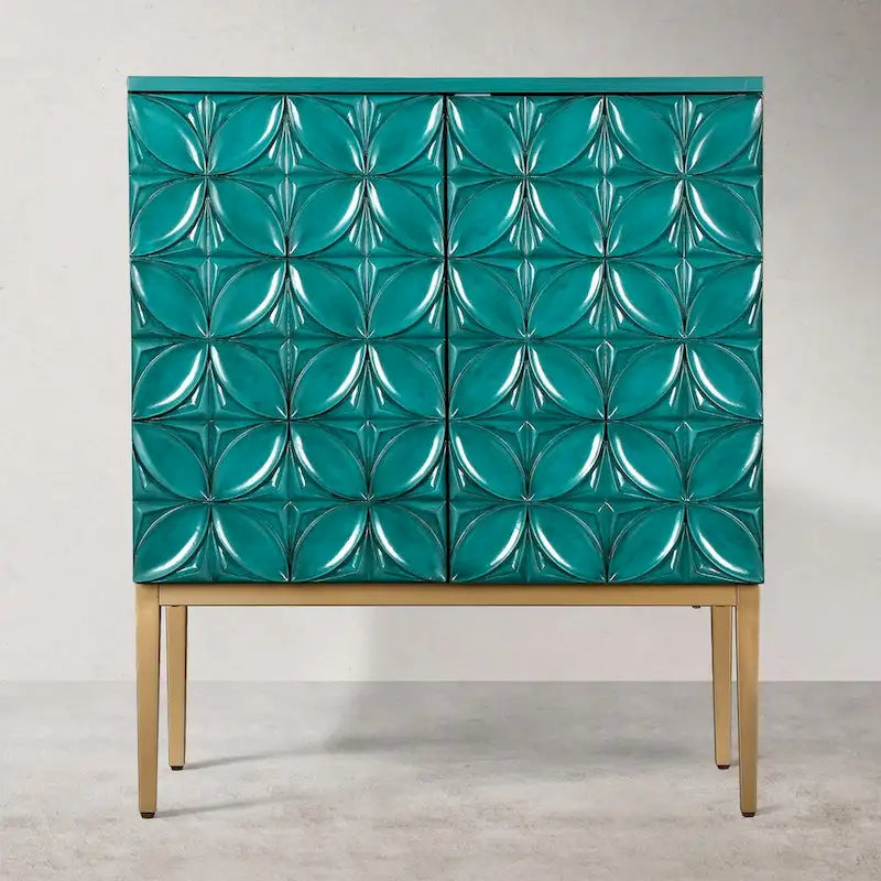 Vintage 2-Door Accent Cabinet Sideboard Handmade Storage Shelf Geometric Patterns for Living/ Dining Room - W15.5x L31.5x H37