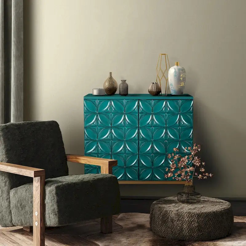 Vintage 2-Door Accent Cabinet Sideboard Handmade Storage Shelf Geometric Patterns for Living/ Dining Room - W15.5x L31.5x H37