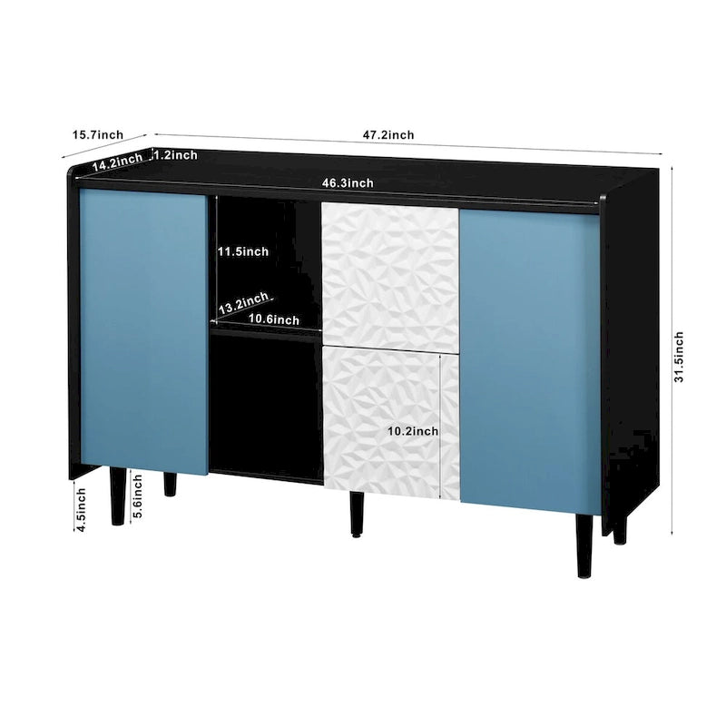 Sideboard Buffet Cabinet,Storage Cabinet with Blue Doors,2 Drawers with unique panel styling and 2 Open Storage Compartment