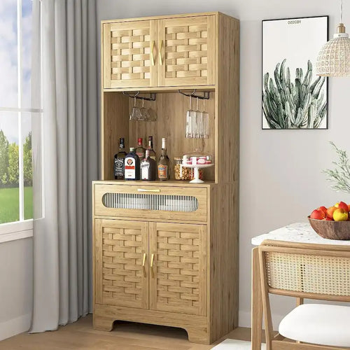 Accent Kitchen Buffet and Hutch Wooden Storage Cupboard with Glass Accent Drawer, and Microwave Space