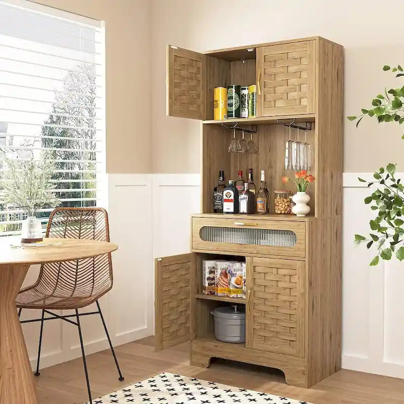 Accent Kitchen Buffet and Hutch Wooden Storage Cupboard with Glass Accent Drawer, and Microwave Space