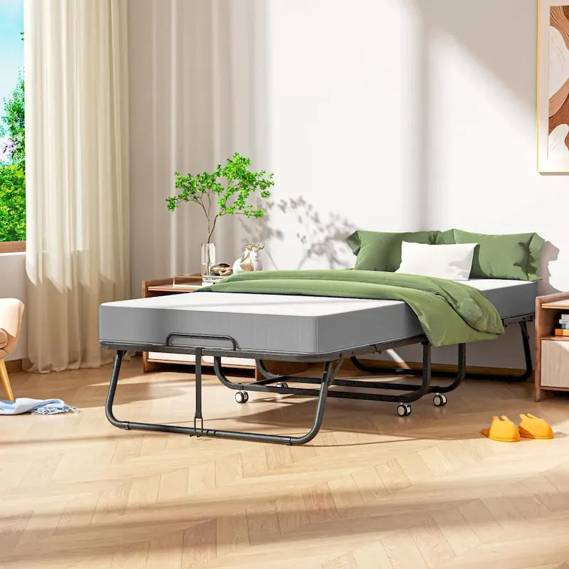 Roll away Space-Saving Sturdy Metal Frame Folding Guest Bed with 5  Thick Mattress