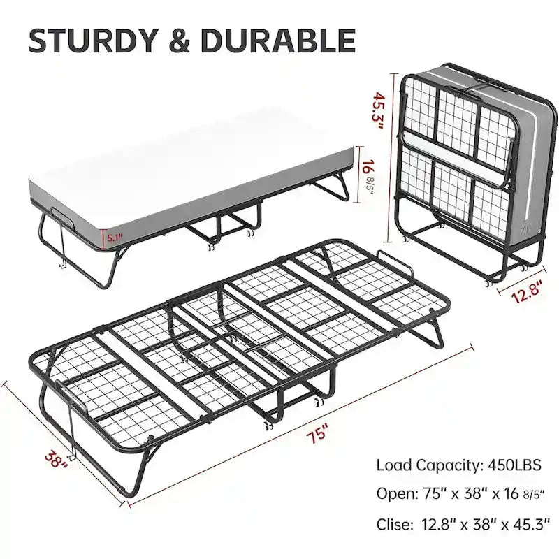 Roll away Space-Saving Sturdy Metal Frame Folding Guest Bed with 5  Thick Mattress