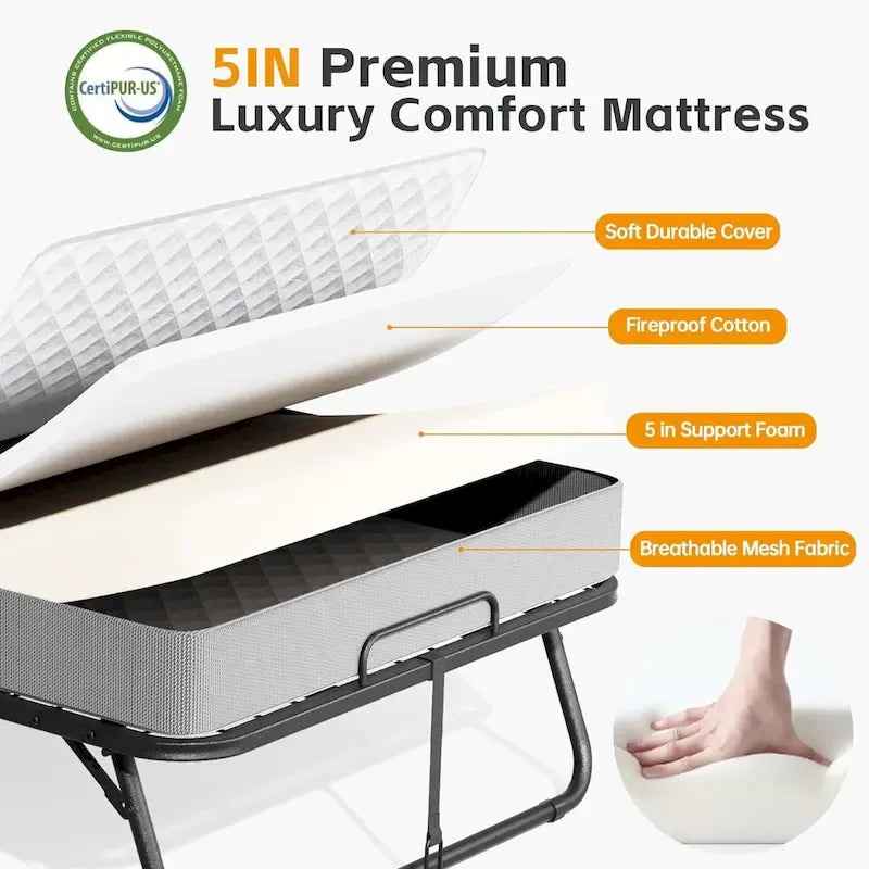 Roll away Space-Saving Sturdy Metal Frame Folding Guest Bed with 5  Thick Mattress