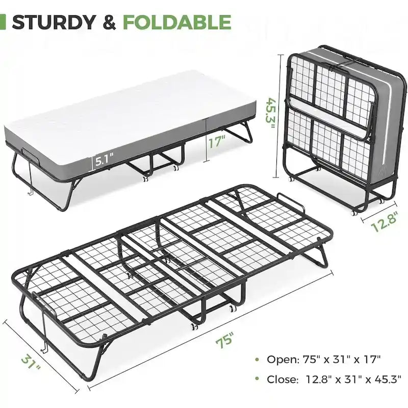 Roll away Space-Saving Sturdy Metal Frame Folding Guest Bed with 5  Thick Mattress