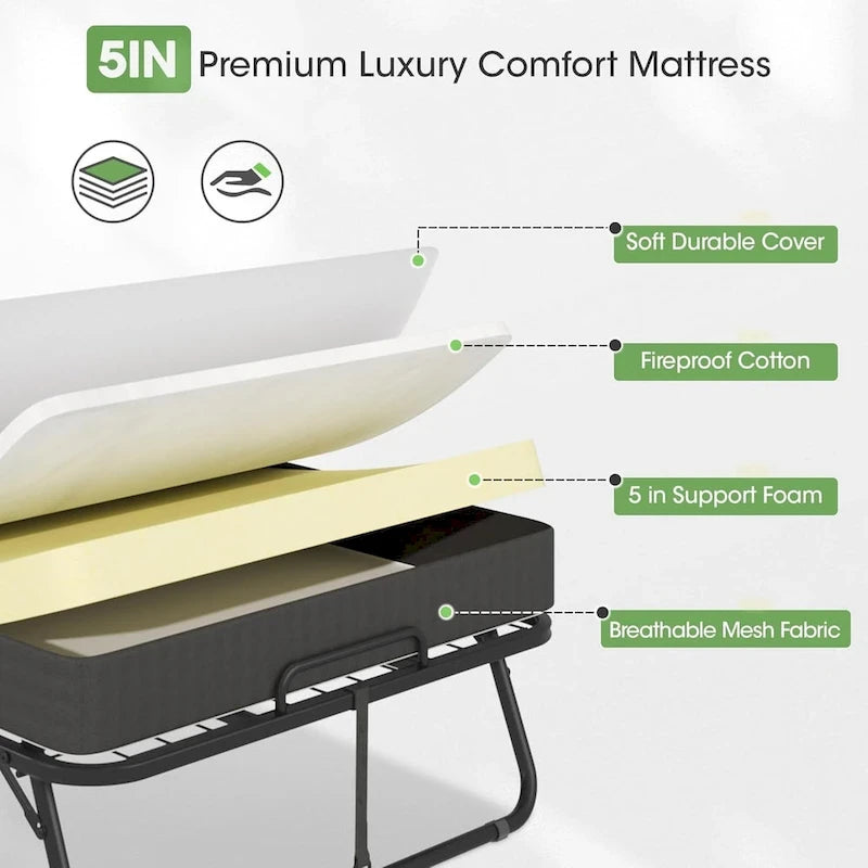 Roll away Space-Saving Sturdy Metal Frame Folding Guest Bed with 5  Thick Mattress