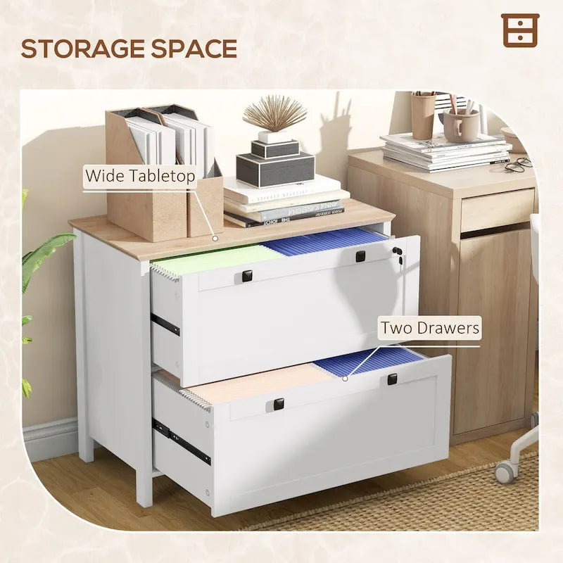 HOMCOM Lateral File Cabinet with 2 Drawers for Home Office, Filing Cabinet with Lock, Adjustable Hanging Bar for Letter, A4