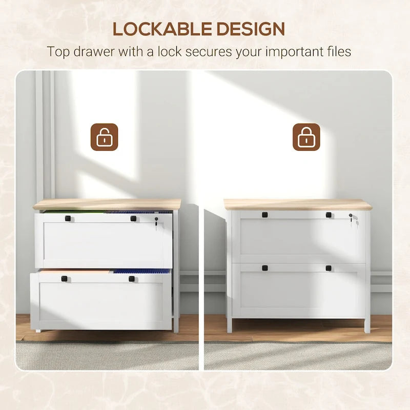 HOMCOM Lateral File Cabinet with 2 Drawers for Home Office, Filing Cabinet with Lock, Adjustable Hanging Bar for Letter, A4