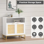 Anmytek Modern 2-Door White Wood Rattan Buffet Sideboard Kitchen Storage Cabinet with Adjustable Shelf