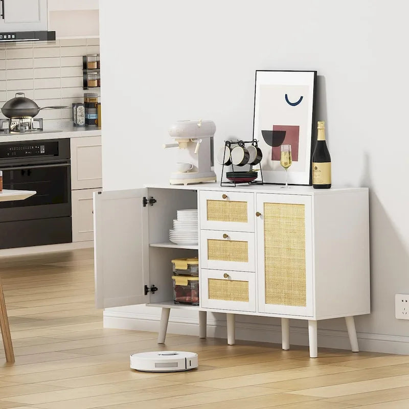 Anmytek Mid-Century Modern 47.2  W 2-Door White Buffet/Sideboard Rattan Storage Accent Cabinet with Drawers