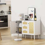 Anmytek Mid-Century Modern 47.2  W 2-Door White Buffet/Sideboard Rattan Storage Accent Cabinet with Drawers