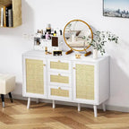 Anmytek Mid-Century Modern 47.2  W 2-Door White Buffet/Sideboard Rattan Storage Accent Cabinet with Drawers