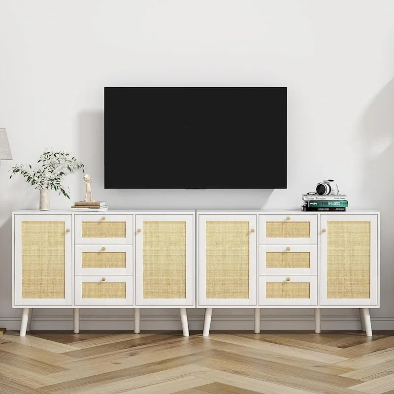 Anmytek Mid-Century Modern 47.2  W 2-Door White Buffet/Sideboard Rattan Storage Accent Cabinet with Drawers