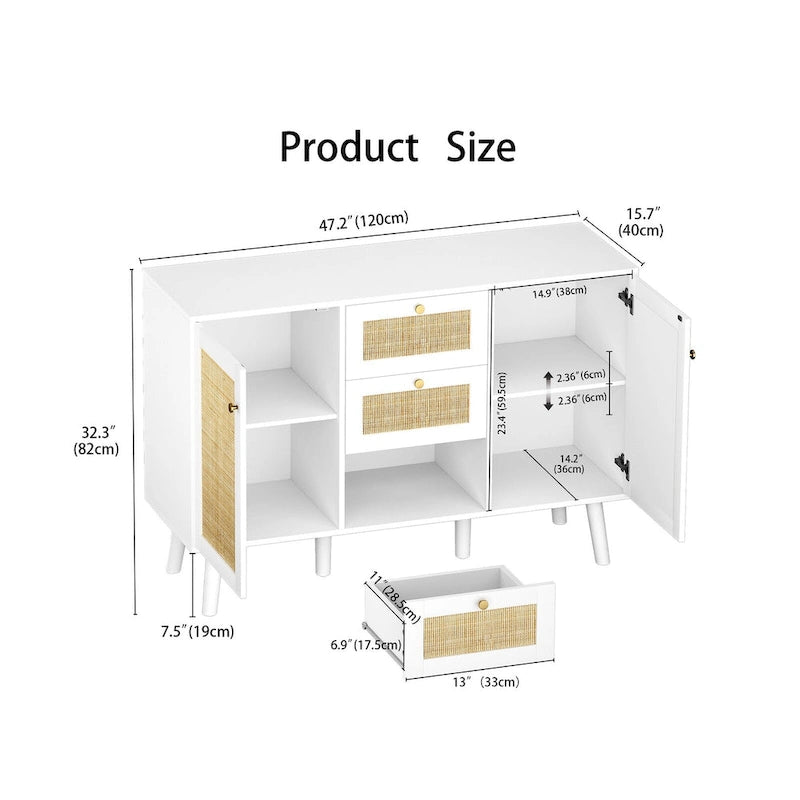 Anmytek Mid-Century Modern 47.2  W 2-Door White Buffet/Sideboard Rattan Storage Accent Cabinet with Drawers